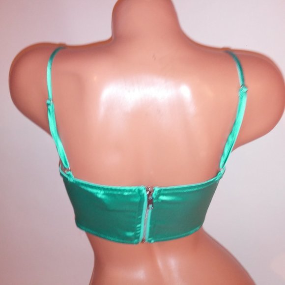 Princess Polly Crop Top Size 4 Teal Satin Draped Neck Solid Zip Up Back Preowned - Picture 6 of 8